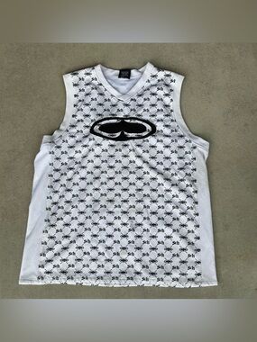 SRH 2000s Y2K Men's Mesh V-Neck Sleeveless Jersey Tank Top All Over Logo Size L